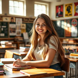 A beautiful high school girl with long flowing hair, wearing a stylish casual outfit, sitting at a wooden desk in a classroom filled with books and colorful stationery