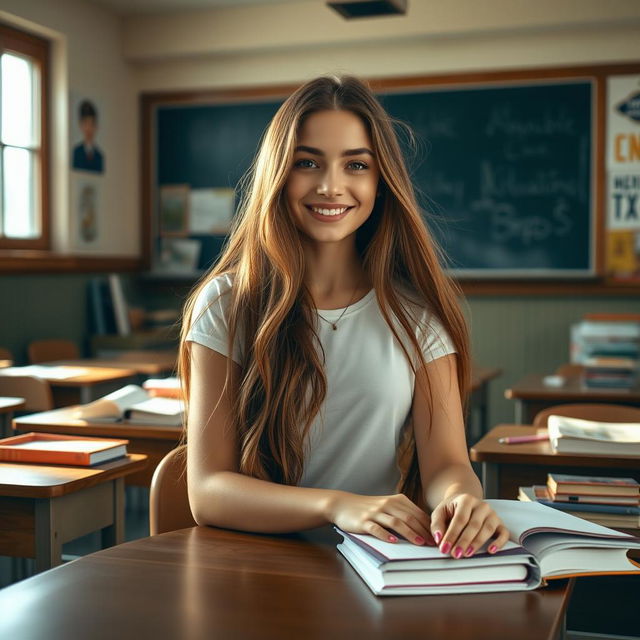 A beautiful high school girl with long flowing hair, wearing a stylish casual outfit, sitting at a wooden desk in a classroom filled with books and colorful stationery