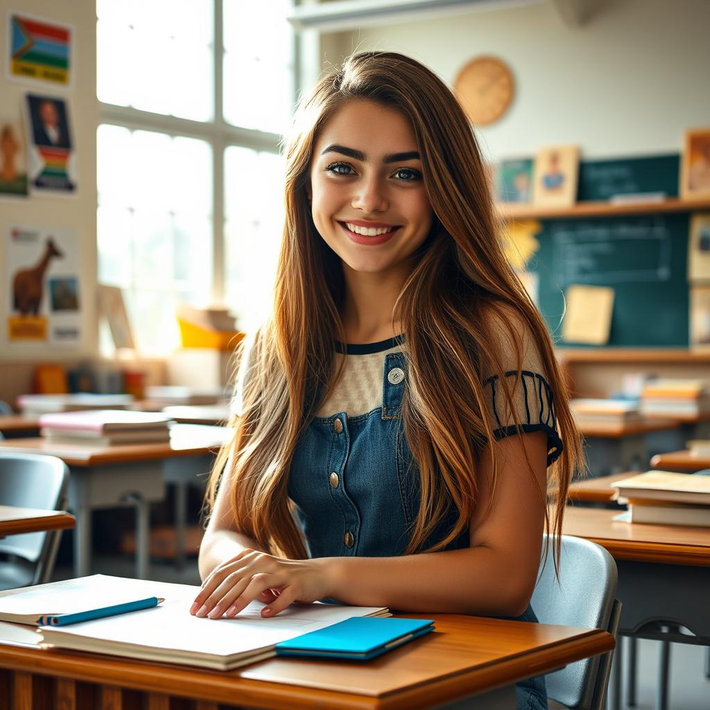 A beautiful high school girl with long flowing hair, wearing a stylish casual outfit, sitting at a wooden desk in a classroom filled with books and colorful stationery