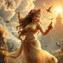 An enchanting scene featuring an apsara, a celestial nymph from Hindu mythology, in the heavenly realms of स्वर्गलोक (Svargalok)