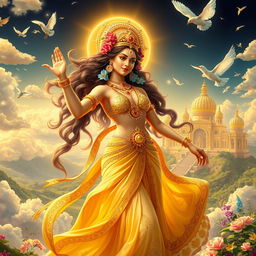 An enchanting scene featuring an apsara, a celestial nymph from Hindu mythology, in the heavenly realms of स्वर्गलोक (Svargalok)
