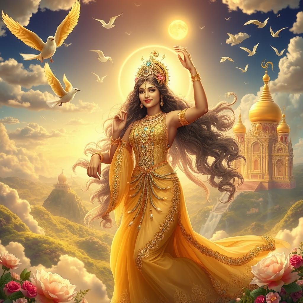 An enchanting scene featuring an apsara, a celestial nymph from Hindu mythology, in the heavenly realms of स्वर्गलोक (Svargalok)