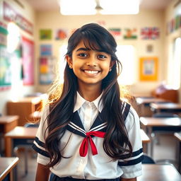 A stylish Indian girl in a school setting, wearing a fashionable school uniform with a slightly playful expression