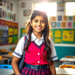 A stylish Indian girl in a school setting, wearing a fashionable school uniform with a slightly playful expression