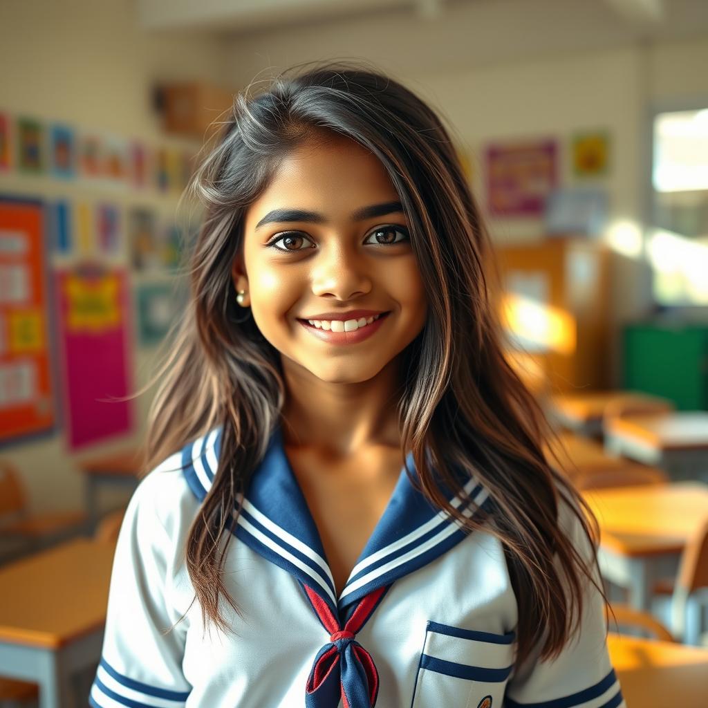 A stylish Indian girl in a school setting, wearing a fashionable school uniform with a slightly playful expression