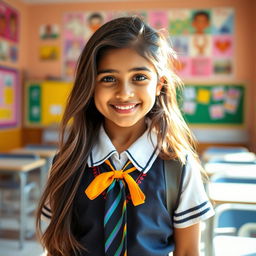 A stylish Indian girl in a school setting, wearing a fashionable school uniform with a slightly playful expression