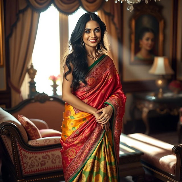 A beautiful Indian maid wearing a vibrant, intricately designed saree, gracefully draped around her body, showcasing rich colors and traditional patterns