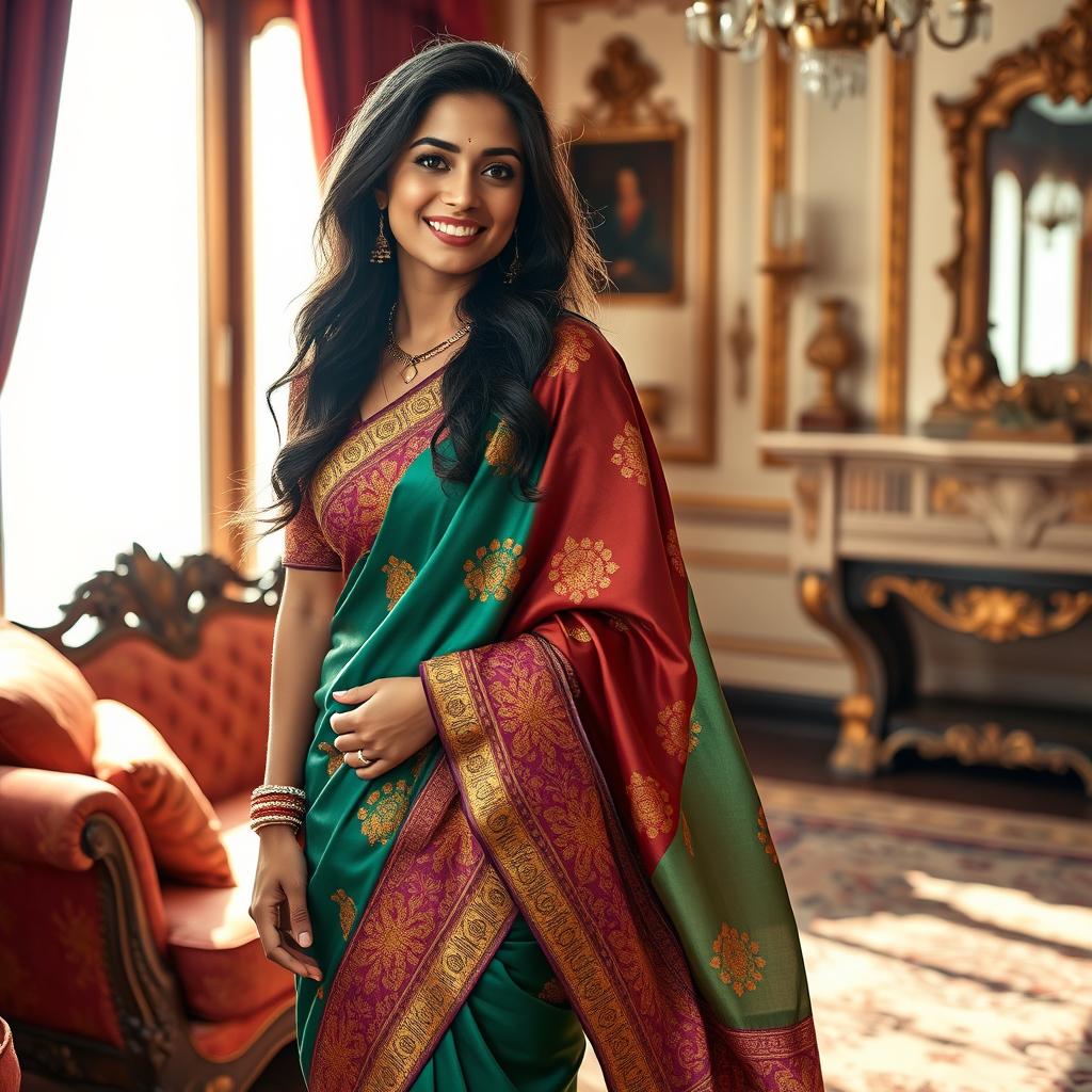 A beautiful Indian maid wearing a vibrant, intricately designed saree, gracefully draped around her body, showcasing rich colors and traditional patterns