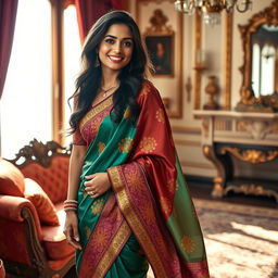 A beautiful Indian maid wearing a vibrant, intricately designed saree, gracefully draped around her body, showcasing rich colors and traditional patterns