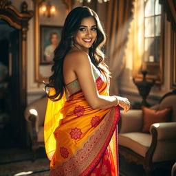A beautiful Indian maid wearing a vibrant, intricately designed saree, gracefully draped around her body, showcasing rich colors and traditional patterns