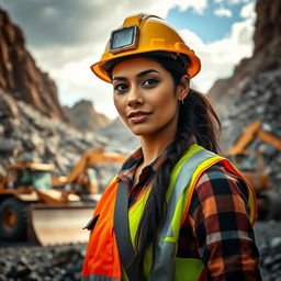 A strong and determined Latin woman working in a mining environment, wearing a hard hat and safety gear, surrounded by mining equipment and rock formations