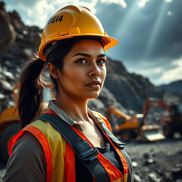 A strong and determined Latin woman working in a mining environment, wearing a hard hat and safety gear, surrounded by mining equipment and rock formations