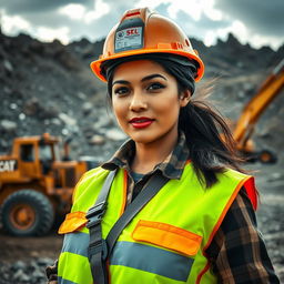 A strong and determined Latin woman working in a mining environment, wearing a hard hat and safety gear, surrounded by mining equipment and rock formations