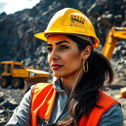A strong and determined Latin woman working in a mining environment, wearing a hard hat and safety gear, surrounded by mining equipment and rock formations