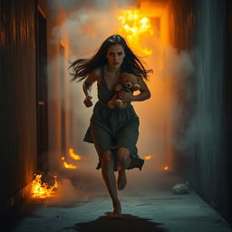 A dramatic scene depicting a woman, with long flowing hair and a distressed expression, running urgently through a smoke-filled corridor engulfed in flames