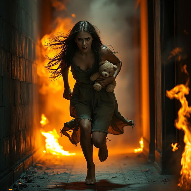 A dramatic scene depicting a woman, with long flowing hair and a distressed expression, running urgently through a smoke-filled corridor engulfed in flames