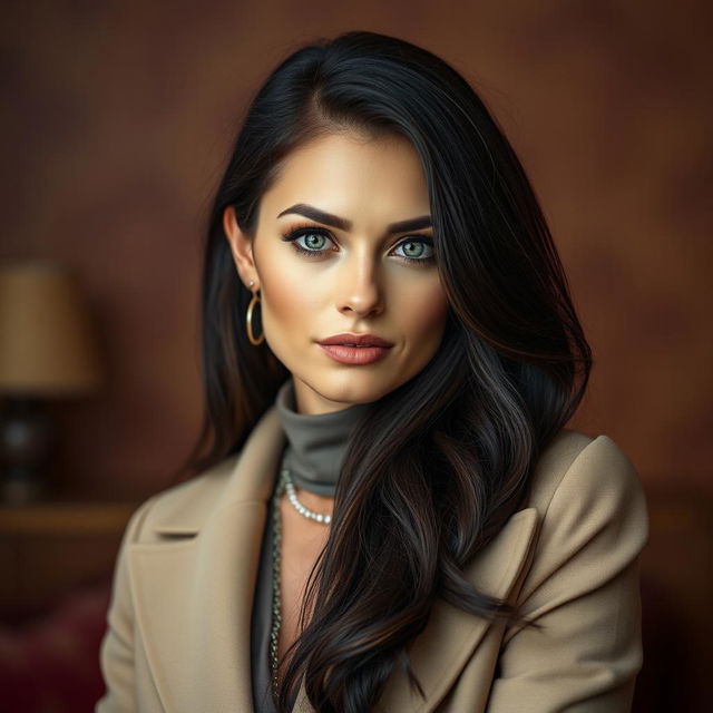 A portrait of a stunning Russian woman aged between 30 and 45 years, featuring beautiful, defined facial features with high cheekbones and captivating green eyes