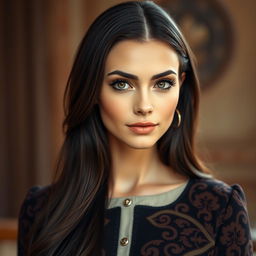 A portrait of a stunning Russian woman aged between 30 and 45 years, featuring beautiful, defined facial features with high cheekbones and captivating green eyes