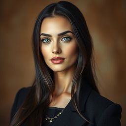 A portrait of a stunning Russian woman aged between 30 and 45 years, featuring beautiful, defined facial features with high cheekbones and captivating green eyes