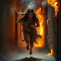 A dramatic scene depicting a woman, with long flowing hair, wearing a distressed expression, running urgently through a corridor on fire