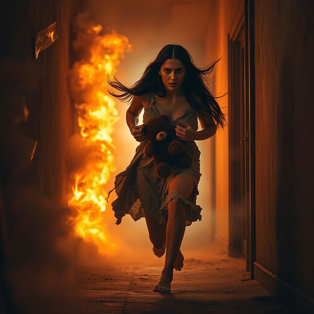 A dramatic scene depicting a woman, with long flowing hair, wearing a distressed expression, running urgently through a corridor on fire