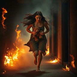 A dramatic scene depicting a woman, with long flowing hair, wearing a distressed expression, running urgently through a corridor on fire