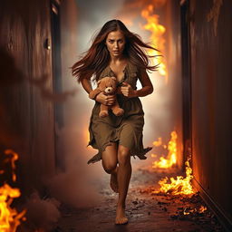 A dramatic scene depicting a woman, with long flowing hair, wearing a distressed expression, running urgently through a corridor on fire