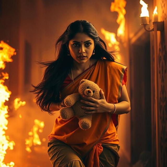 A dramatic scene depicting an Indian woman with long, dark hair, wearing traditional attire, running urgently through a smoke-filled corridor engulfed in flames