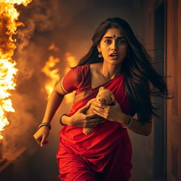 A dramatic scene depicting an Indian woman with long, dark hair, wearing traditional attire, running urgently through a smoke-filled corridor engulfed in flames
