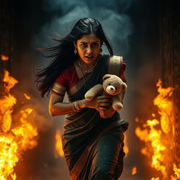 A dramatic scene depicting an Indian woman with long, dark hair, wearing traditional attire, running urgently through a smoke-filled corridor engulfed in flames