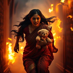 A dramatic scene depicting an Indian woman with long, dark hair, wearing traditional attire, running urgently through a smoke-filled corridor engulfed in flames