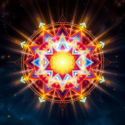 A mesmerizing depiction of the Sri Yantra, an intricate geometric symbol used in Hindu tantra, vividly animated with dynamic patterns of light and energy