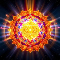A mesmerizing depiction of the Sri Yantra, an intricate geometric symbol used in Hindu tantra, vividly animated with dynamic patterns of light and energy