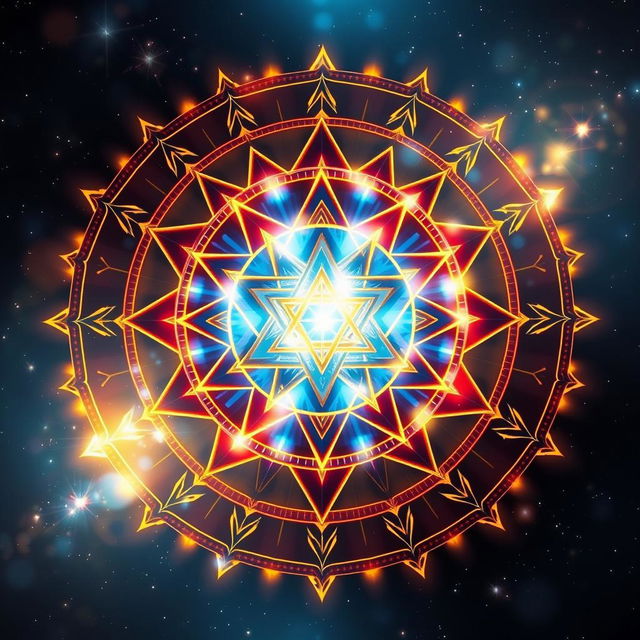 A mesmerizing depiction of the Sri Yantra, an intricate geometric symbol used in Hindu tantra, vividly animated with dynamic patterns of light and energy