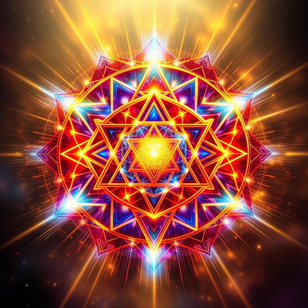 A mesmerizing depiction of the Sri Yantra, an intricate geometric symbol used in Hindu tantra, vividly animated with dynamic patterns of light and energy