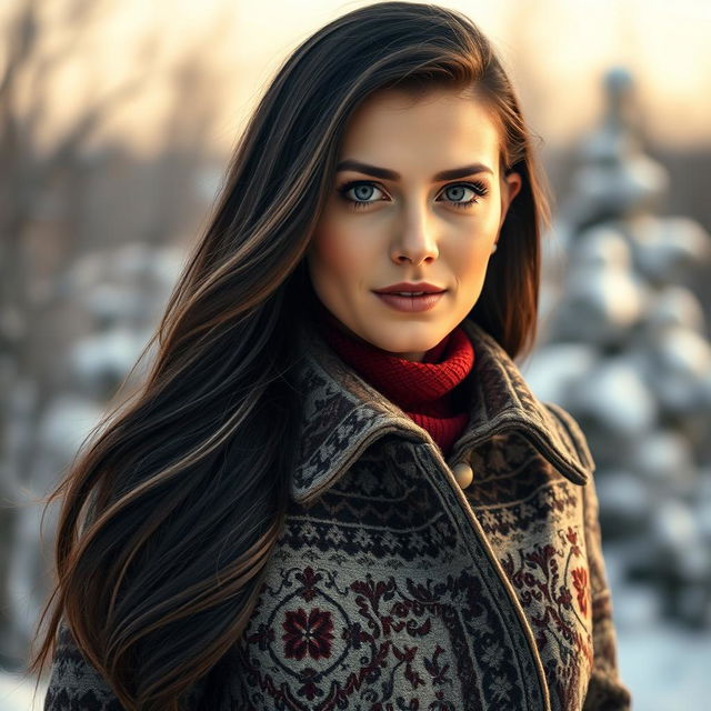 A striking portrait of a Russian woman aged between 30 to 45 years