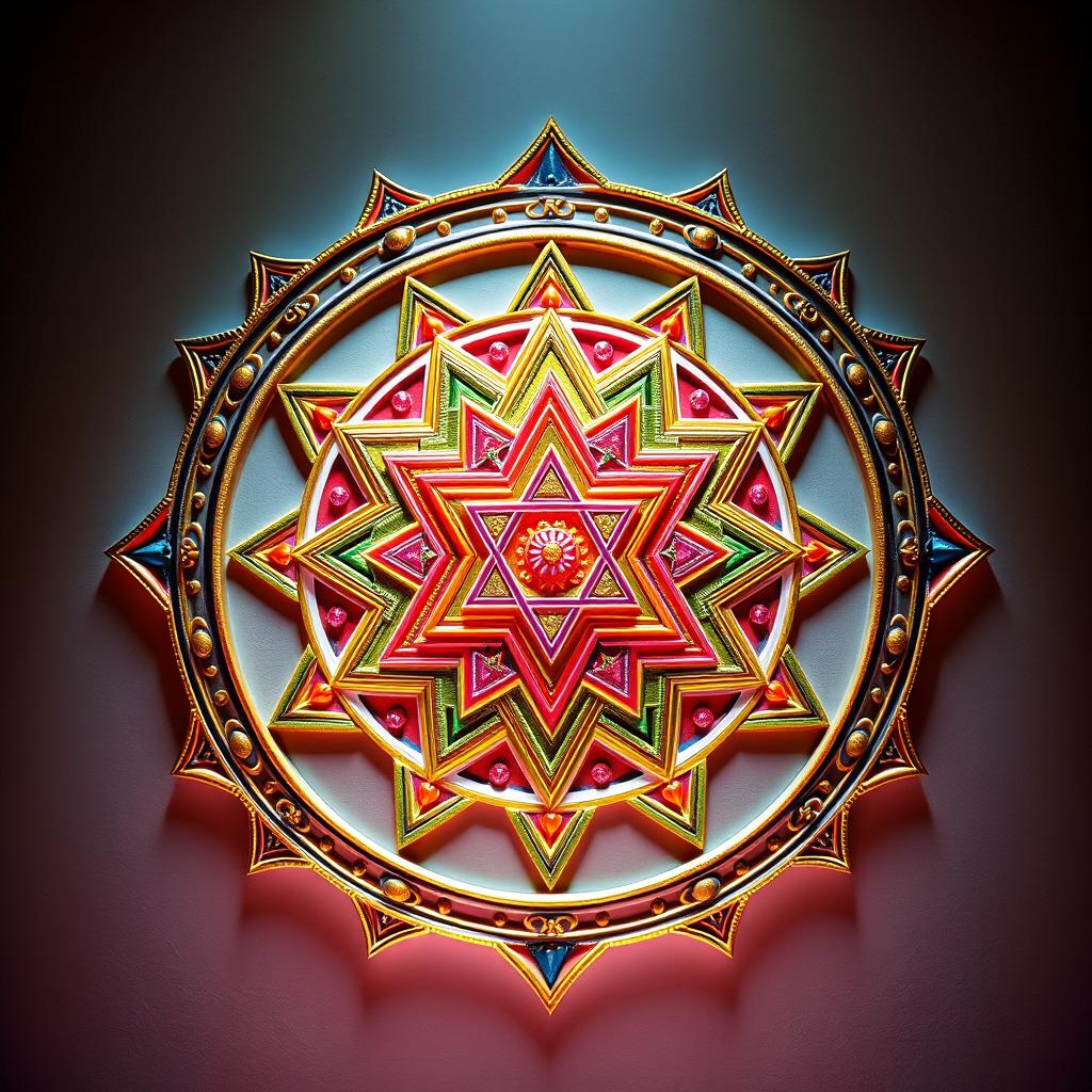 A beautifully detailed Shri Yantra, intricately designed with geometric patterns and the mystic Sri Yantra symbol at its center