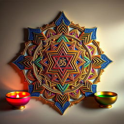 A beautifully detailed Shri Yantra, intricately designed with geometric patterns and the mystic Sri Yantra symbol at its center