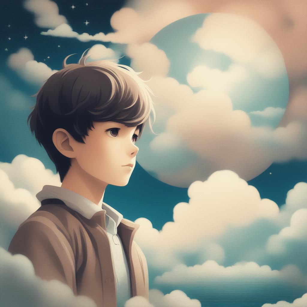 A vintage 1960s, lo-fi styled digital artwork featuring an anime boy dreaming amidst a surreal dreamscape of clouds