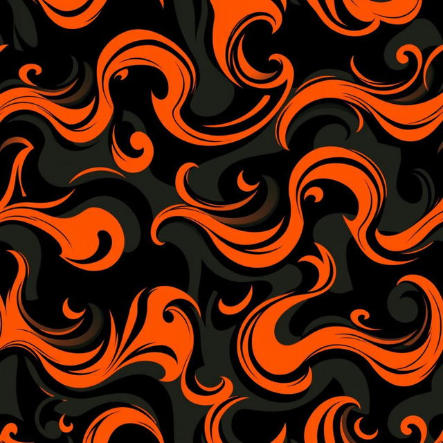 An abstract pattern inspired by football featuring vibrant shades of orange and black, with dynamic swirling shapes resembling movement and energy in a football game