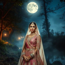 A stunningly beautiful Indian bride with very fair skin, resembling a fairy tale character, stands gracefully in a mystical forest near a serene lake