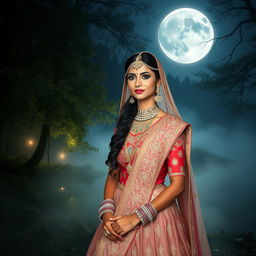 A stunningly beautiful Indian bride with very fair skin, resembling a fairy tale character, stands gracefully in a mystical forest near a serene lake