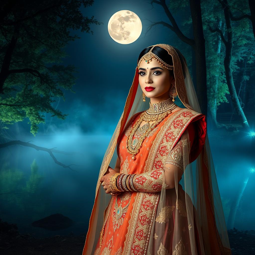 A stunningly beautiful Indian bride with very fair skin, resembling a fairy tale character, stands gracefully in a mystical forest near a serene lake