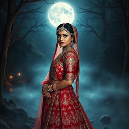 A stunningly beautiful Indian bride with very fair skin, resembling a fairy tale character, stands gracefully in a mystical forest near a serene lake