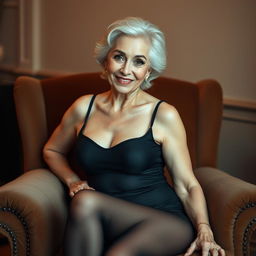 An alluring elderly woman confidently dressed in a sheer black bodystocking that highlights her curves