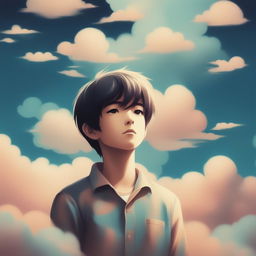 A vintage 1960s, lo-fi styled digital artwork featuring an anime boy dreaming amidst a surreal dreamscape of clouds