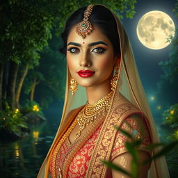 A stunningly beautiful Indian bride with fair skin and intricate traditional attire, resembling a fairy tale princess