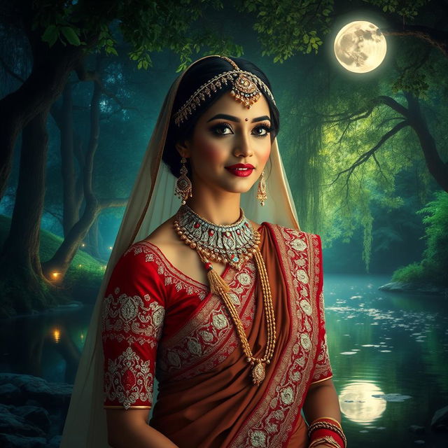 A stunningly beautiful Indian bride with fair skin and intricate traditional attire, resembling a fairy tale princess