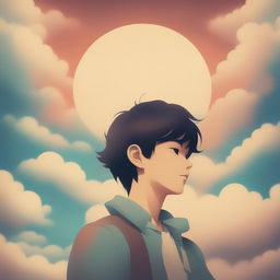 A vintage 1960s, lo-fi styled digital artwork featuring an anime boy dreaming amidst a surreal dreamscape of clouds