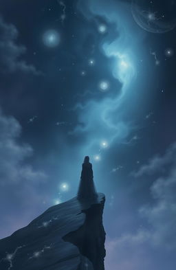 A solitary figure standing on the edge of a vast, ethereal landscape that blends into an infinite abyss, surrounded by swirling dreams and mystical elements